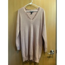 Forever 21 Distressed V-Neck Sweater Dress Women Small Mauve Pink Oversized Long