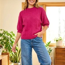 Vintage 80s Cable Knit Crop Sweater Chunky Crewneck Pullover Dolman Sleeve Pink
