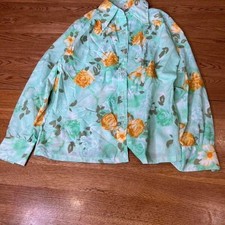 Montgomery Ward Vintage Floral Button Up Shirt Aqua Orange Roses Long Sleeve Top