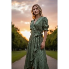 Hutch Olive Green Floral Jacquard Wrap Maxi Dress Puff Sleeve Party Cocktail 10