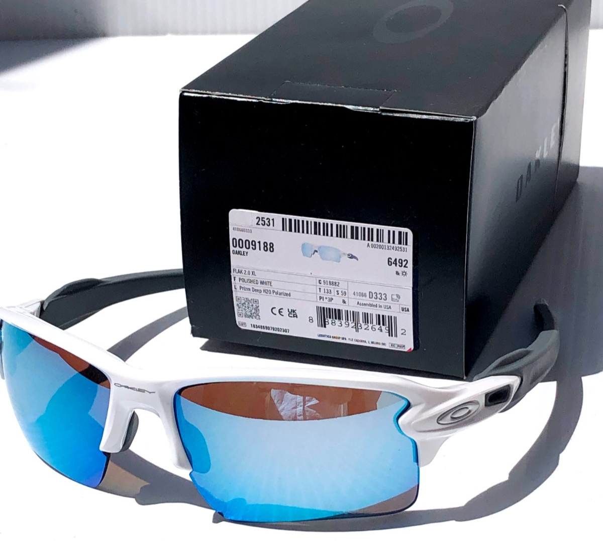 NEW* Oakley FLAK JACKET 2.0 White POLARIZED Deep Water Blue XL