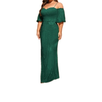 #ad Women#x27;s 4xl Plus Size Off The Shoulder Puff Sleeve Dress With Sequin Dark Grn $31.99
