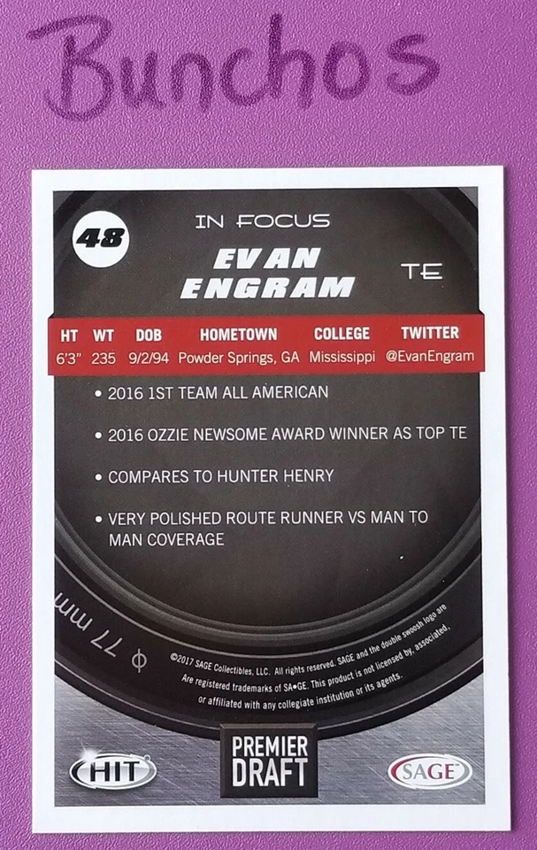 2017 Sage Hit In Focus Evan Engram #48 Rookie - Image 2 of 2