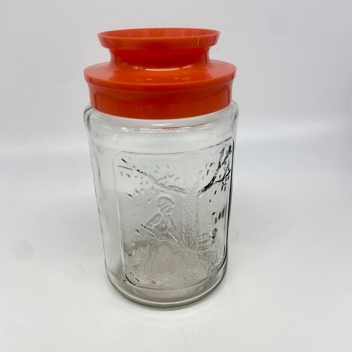Anchor Hocking Autumn Scene 28 oz. Orange Tang Lid Embossed Glass Jar Vintage - Picture 4 of 8