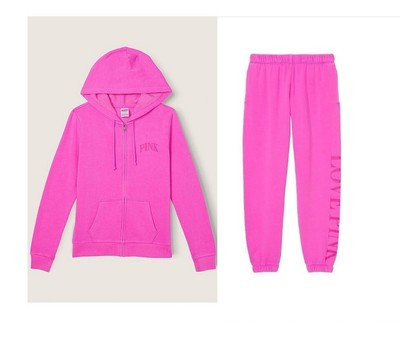 Victoria Secret PINK Fleece Zip Up Hoodie Classic Sweatpants Set XS Pink Berry