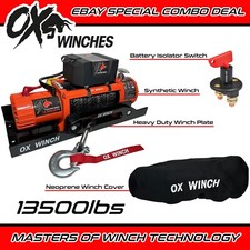 OX ELECTRIC WINCH COMBO DEAL WITH PLATE  13500lb 12v SYNTHETIC ROPE - ORANGE