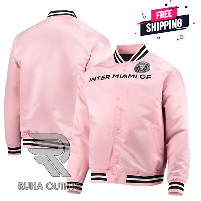 Unisex INTER MIAMI CF Retro PINK SATIN CLASSIC BOMBER LETTERMEN VARSITY JACKET