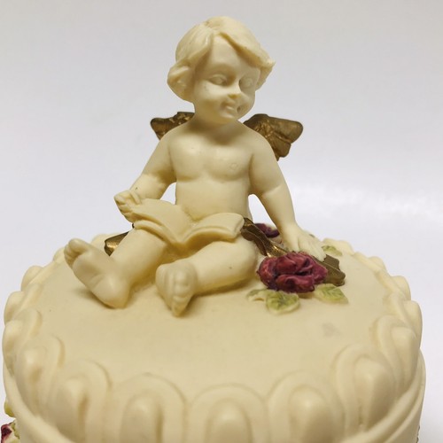 Caja Baratija Dezine Querubín Floral Acento Dorado Redonda Pintada a Mano 1993 Regalo - Imagen 6 de 10