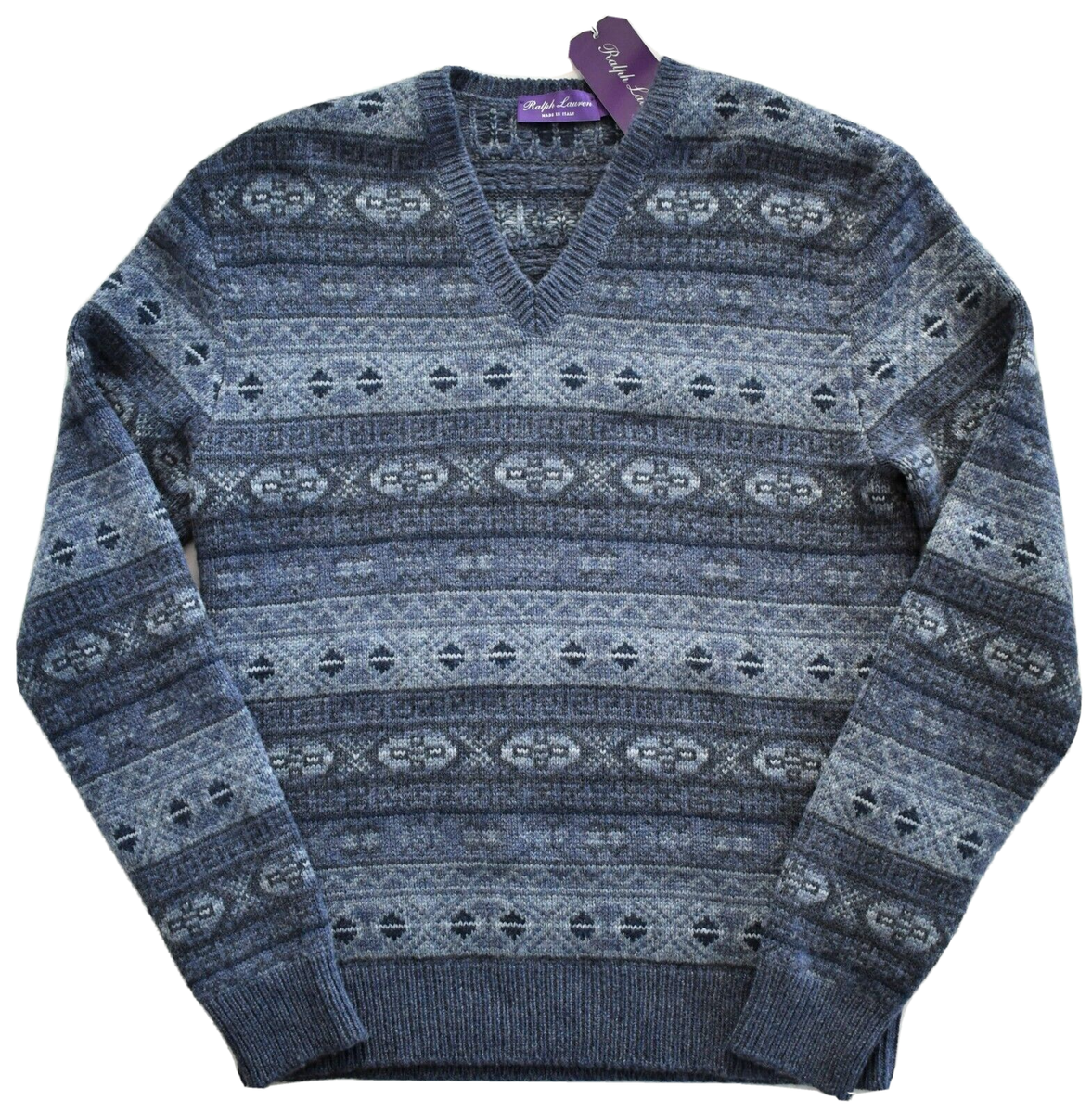 ?️$1495 RALPH LAUREN PURPLE LABEL Blue FAIR ISLE 100% CASHMERE V 