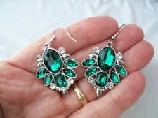 Crystal  Emerald Green Rhinestone Dangle Pierced Earrings
