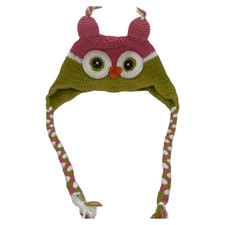 Owl Face Design Crochet Children's Hat w/ Braids Pink/Green