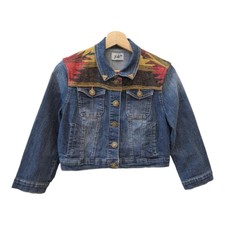 Southwestern Cropped Denim Jean Jacket Wool Trim