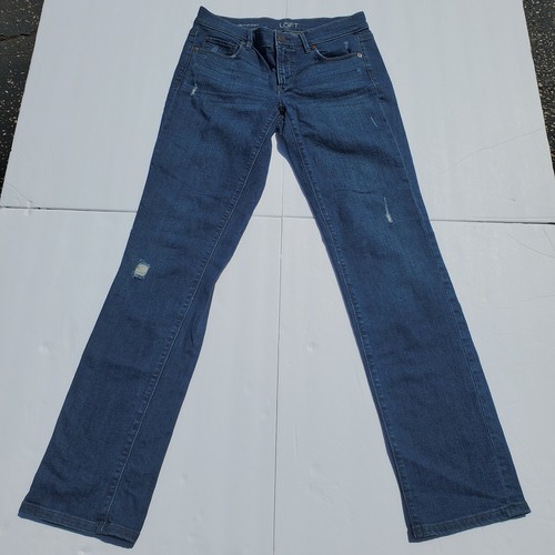 Jeans donna Ann Taylor LOFT moderni dritti blu denim look distrutto taglia 26 - Foto 1 di 5