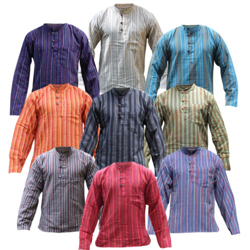 Men Multi Coloured Mix Dharke Stripes Light Weight Grandad Shirts - Picture 1 of 35