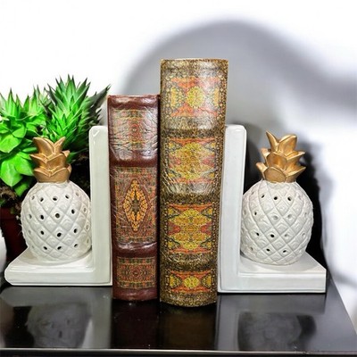 2 Unique Ceramic Pineapple Bookends -Enamel White With Gold Leaves 7.5  Tall