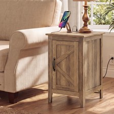 VASAGLE Side Table with Charging Station and Storage Cabinet, Nightstand  Fa...