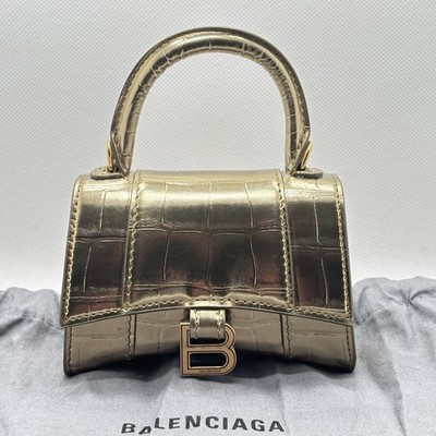 NEW $1590 BALENCIAGA Hourglass Bag XS Mini Croc Embossed W/ Chain Strap Gold