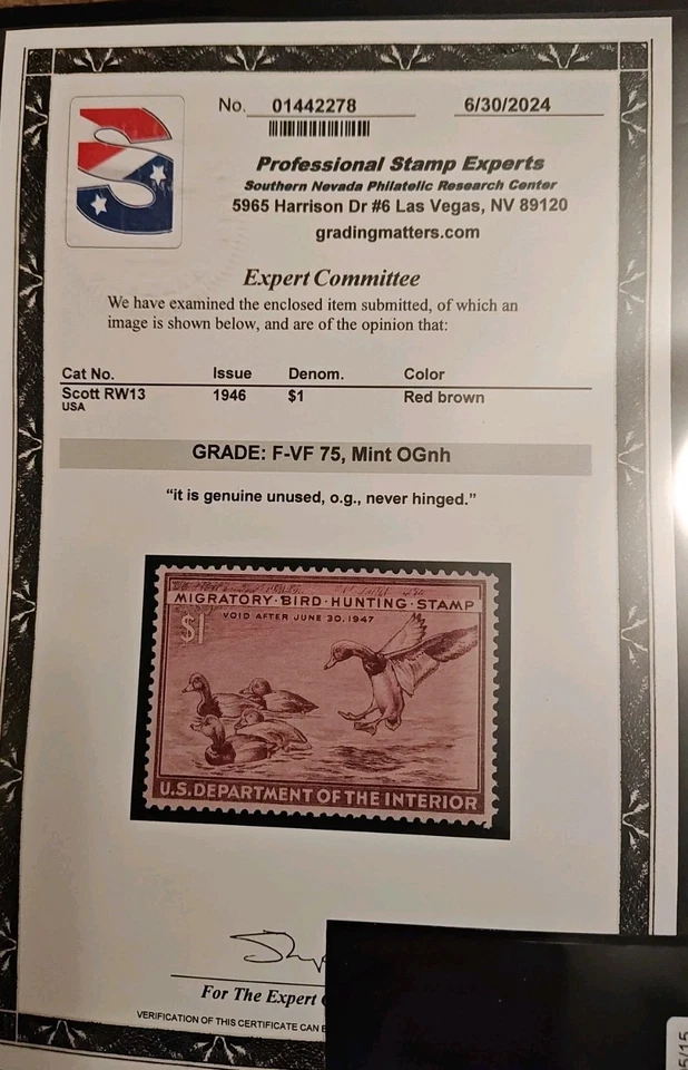 Certified PSE #RW13 - F- VF Mint NH Duck Stamp - Image 2 of 3