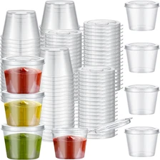 Lounsweer 60 Pack Plastic Condiment Souffle Containers with Attached Lids 1 Oz,