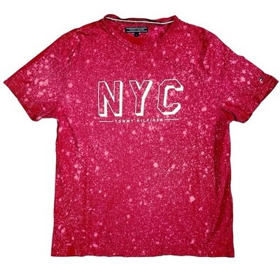 Tommy Hilfiger NYC T Shirt Women s Size Large Red Custom Bleach Design