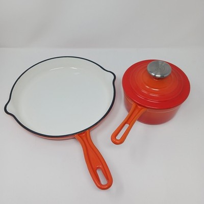 2 Cast Iron W/ Enamel Pans, 10'' Skillet, Small Saucepan With Lid Orange