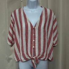 Rails Thea Tie Front Button Up Short Sleeve Top Women's Sz Large Seville Stripe