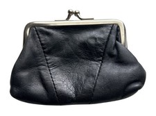 Vintage Black Leather Coin Purse With Silver-Tone Frame  Kiss Lock Closure