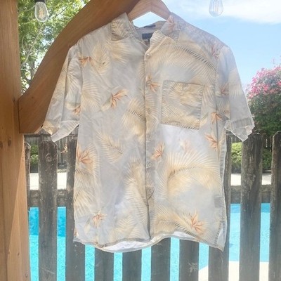 Weekender Tropical Palm Bird of Paradise Shirt Mens L Blue 100% Cotton