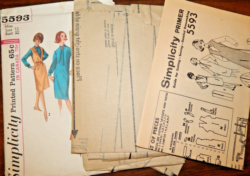 Simplicity 5593 Dress Jumper Sewing Pattern Misses 12 One piece VTG Sleeveless - Image 2 of 3