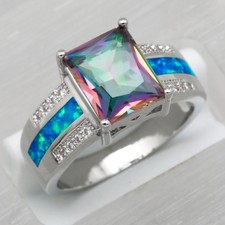 8x10 Rectangle Mystic Topaz Blue Fire Opal Silver Jewelry Women Ring SZ 7 8 9