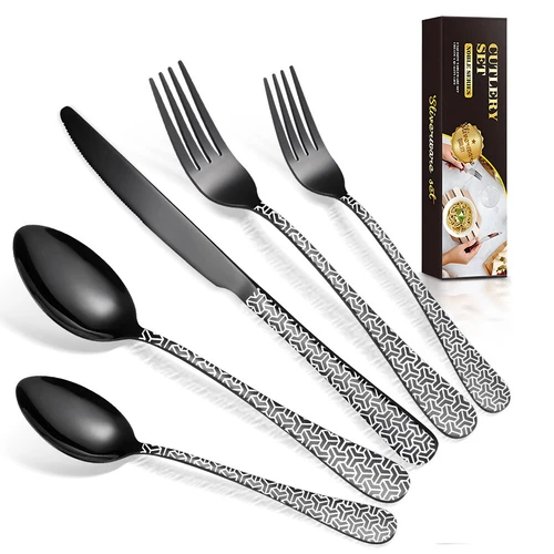 30tlg.Edelstahl Besteck Set Schwarz Matt für 6, Essbesteck mit Schachbrettmuster - Bild 8 von 11