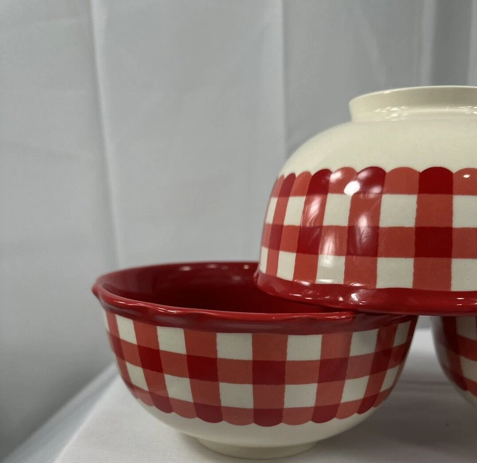 Pioneer Woman 3 Red White Gingham Bowl Red Inside 6.5" - Image 2 of 4