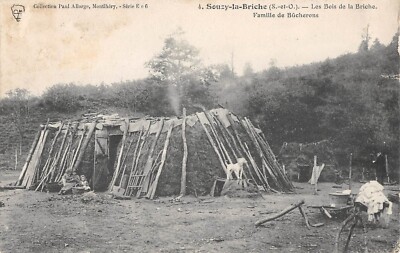 Old postcard 91 SOUZY LA BRICHE / LES BOIS DE LA BRICHE / FAMILY OF LOGGERS / CRAFT