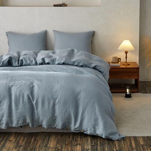 100% Linen Duvet Cover Set, Pieces Belgian Flax Breathable Full Dusty Blue