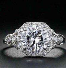 Art Deco Style Lab-Created Diamond Round Cut Wedding Ring Gift 14k White Gold FN