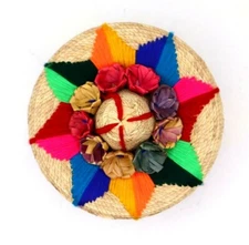 Vintage Woven Grass Mexican Round Basket with Lid Floral & Yarn 'Guadlajara'