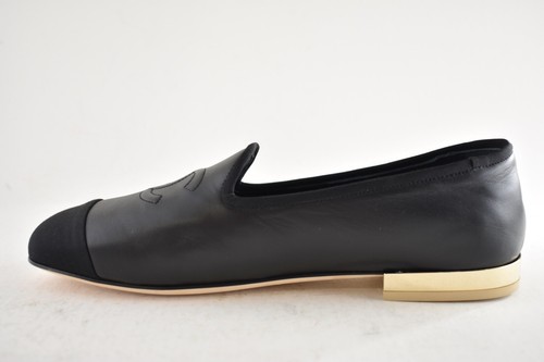 Chanel 23S Black Lambskin Grosgrain CC Logo Gold Heel Moccasin Flat Loafer 37 - Picture 13 of 17
