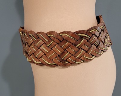 Motif 56 Brown and cream striped leather belt European Ribbed Striped Surcingle Belt - Camel/Navy main image 4