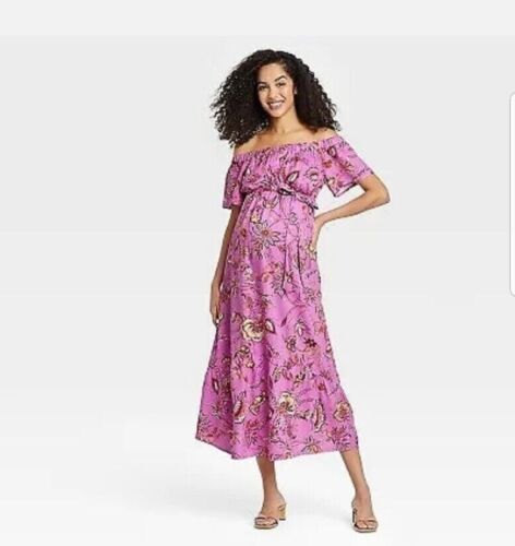 ISABEL by INGRID & ISABEL LIGHT PURPLE MATERNITY DRESS OFF SHOULDER LONG FLORAL - Afbeelding 1 van 8