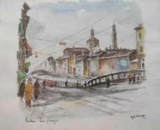 Osvaldo Bonelli - Acquerello "Milano Ponte Al Naviglio" 