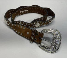 Nocona Belt Co Brown Leather Women’s M Rhinestones Western Cowgirl Silver Buckle