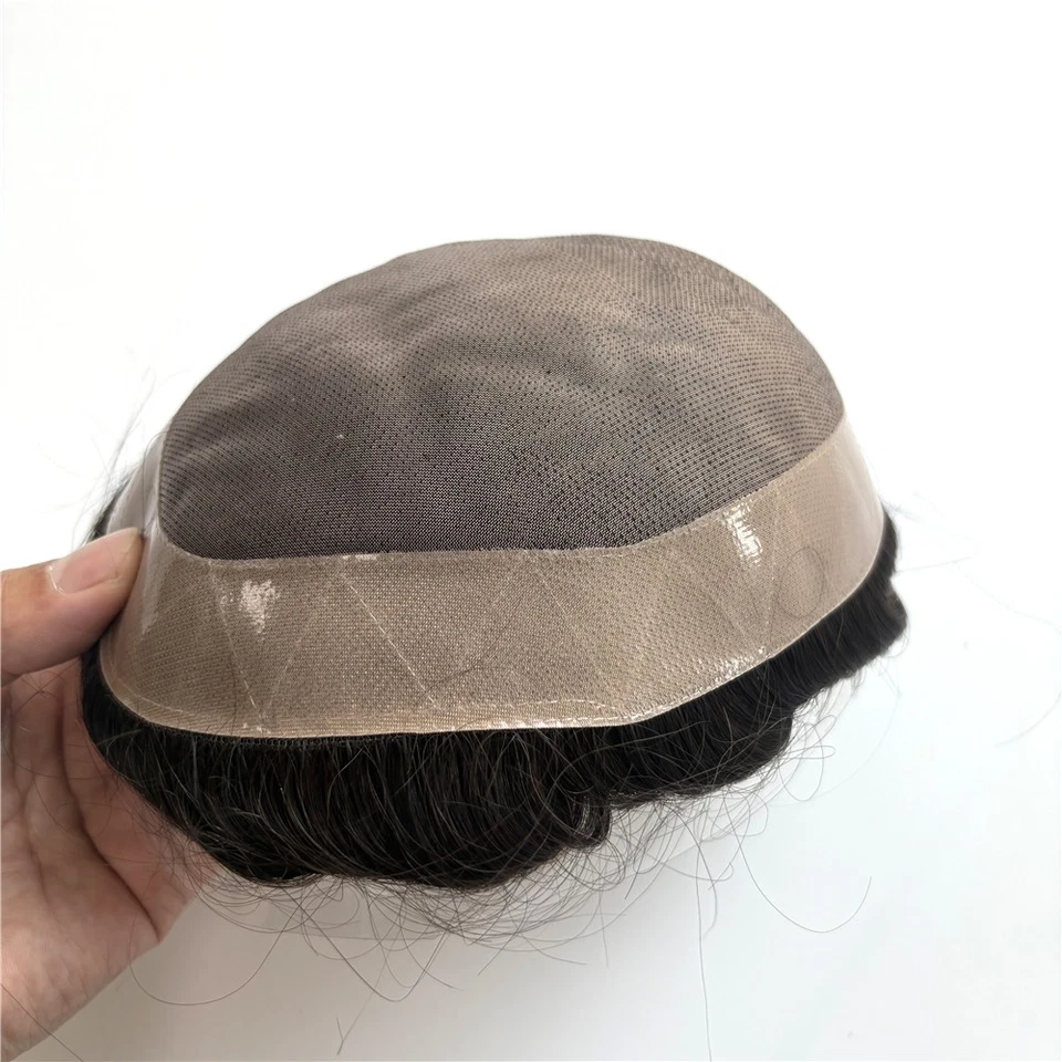 Reemplazo de cabello humano toupee duradero para hombre sistema mono PU fino postizos #1B Foto 3 de 4