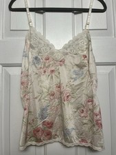 Vintage Floral Print Satin-Look Camisole Spaghetti Strap Lace Trim Ivory