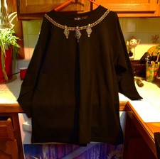 Kini USA Black Embellished Jewel Neck 3/4 Sleeve Sweatshirt Top 1X USA Made