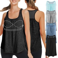 Women's Workout Racerback Tank Tops Built-in Bra Yoga Round Neck Sleeveless Cami