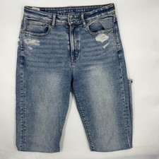 American Eagle Women's Mom Jeans 6 Blue Stretch Cotton Distressed Tapered Leg