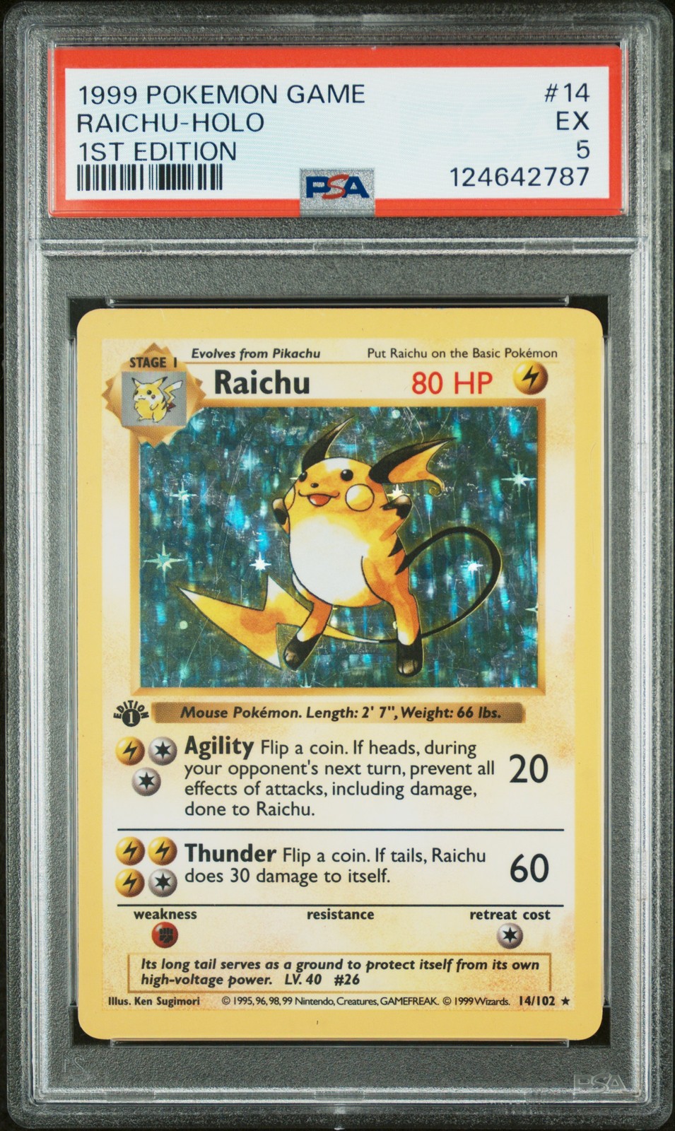 1999 POKEMON GAME 1ST EDITION #14 RAICHU-HOLO PSA 5