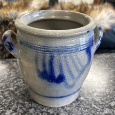 Salt Glaze Cobalt Blue Crock with Handles Germany Westerwald Antique 6.5”
