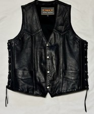 Unik Vest Mens 50 Black Leather Biker Motorcycle Lined Snap Tie Rider V Neck