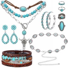 Western Jewelry Set 9Pcs - Boho Turquoise Dangle Earrings Necklace Faux